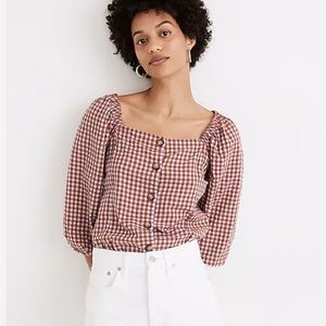 NWT Madewell Gingham Seersucker Puff Sleeve Button Front Top